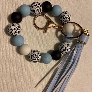 Blue and Black Beaded Keychain with Tassel